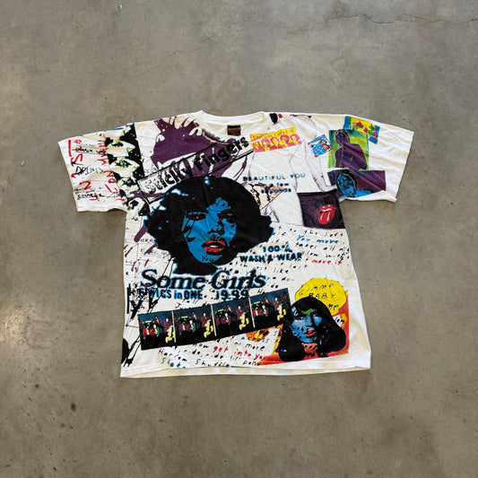 Vintage 90s Rolling Stones “Some Girls, Sticky Fingers, Dirty Work” AOP Shirt Size XL