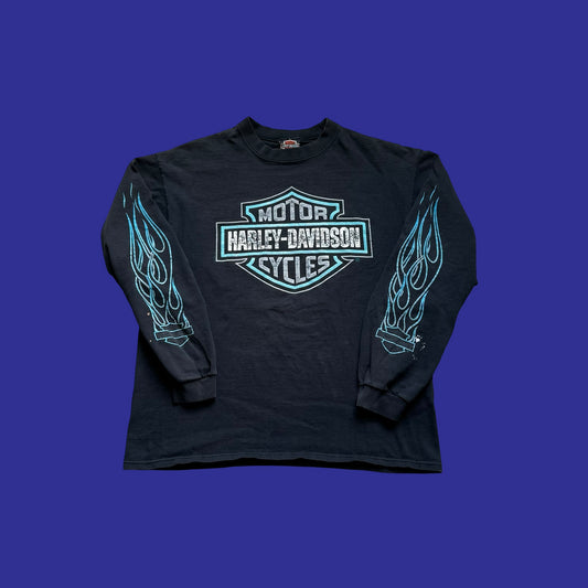 Vintage Harley Davidson Light Blue Flame Long Sleeve Size L